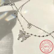 Flash Diamond Butterfly Double 925 Sterling Silver Necklace