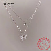 Flash Diamond Butterfly Double 925 Sterling Silver Necklace