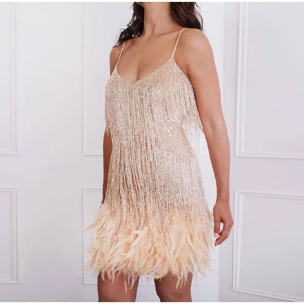 Sexy Tassel Sequins Feather Mini Dress Women Spaghetti Strap Stitching Dresses Female Elegant Evening Party Club Dress