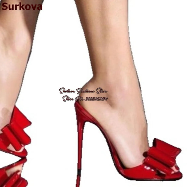 Surkova Hot Red Patent Leather Butterfly-Knot Modern Slippers Girl's Mirror Leather Bowtie Slip-On Mules Stiletto Heel Sandals - Shop All Digital 