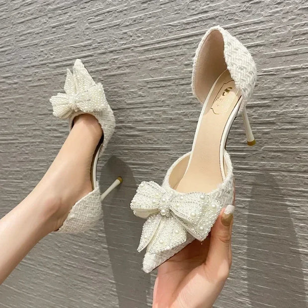 2024 New Autumn Brand Designer High Heels Luxury Pearl Crystal Bowtie White Wedding Shoes Women Pumps Thin Heeled Party Shoes - Shop All Digital 