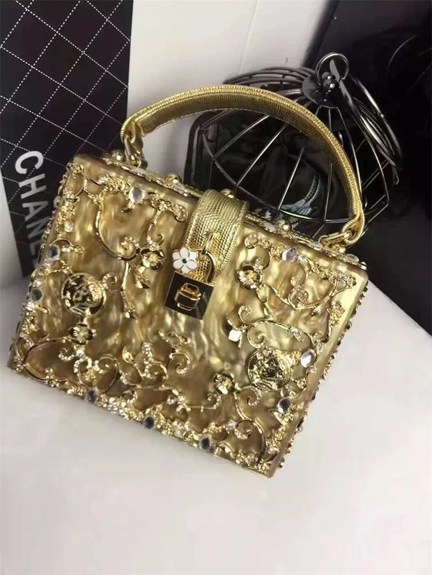 High-Grade crystal Evening Bag Female New Hollow Out Metal Carved Flower Diamond Handbag Box Fashion Chic Shoulder Crossbody Bag - Shop All Digital 