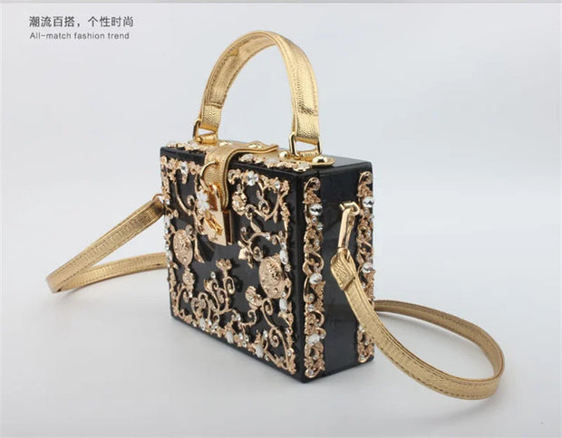 High-Grade crystal Evening Bag Female New Hollow Out Metal Carved Flower Diamond Handbag Box Fashion Chic Shoulder Crossbody Bag - Shop All Digital 