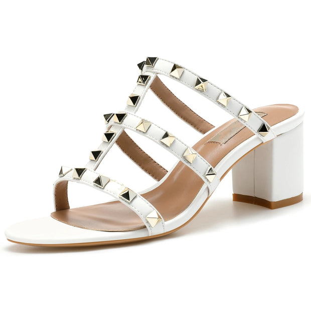 【Measure your feet length before order】Rivets Strappy Luxury Designer Women Elegant Slide Sandals Block High Heel Shoe 75-CHC-33 - Shop All Digital 