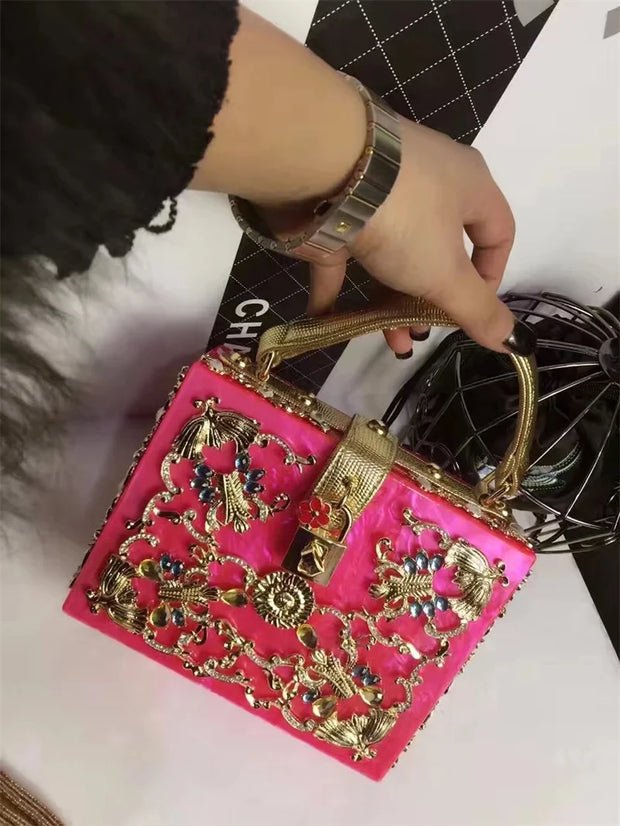 High-Grade crystal Evening Bag Female New Hollow Out Metal Carved Flower Diamond Handbag Box Fashion Chic Shoulder Crossbody Bag - Shop All Digital 