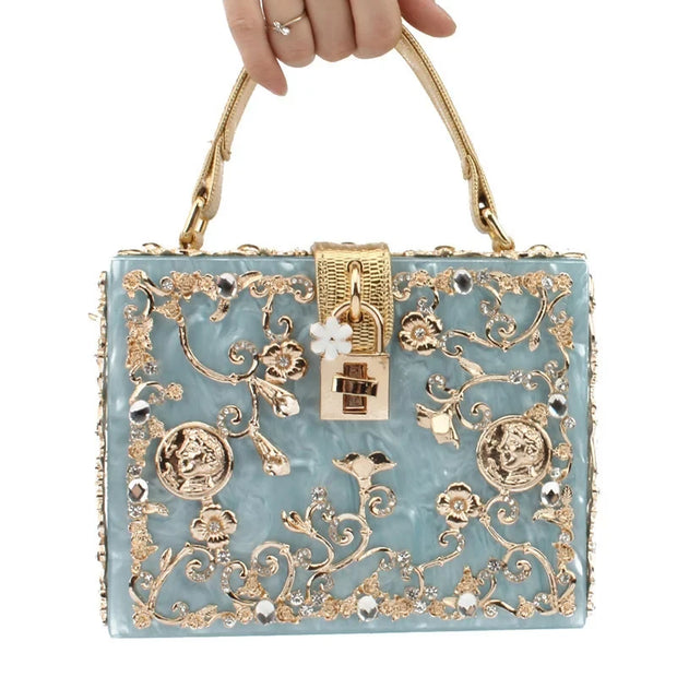 High-Grade crystal Evening Bag Female New Hollow Out Metal Carved Flower Diamond Handbag Box Fashion Chic Shoulder Crossbody Bag - Shop All Digital 