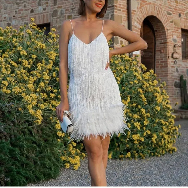 Sexy Tassel Sequins Feather Mini Dress Women Spaghetti Strap Stitching Dresses Female Elegant Evening Party Club Dress