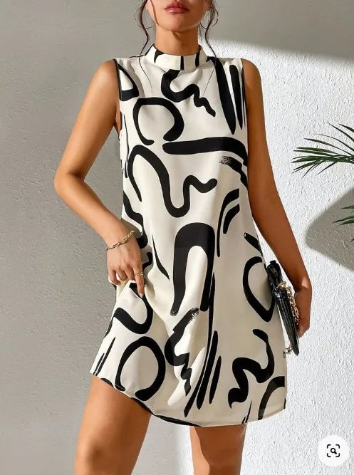 New women's ladies trend printing round neck sleeveless dress