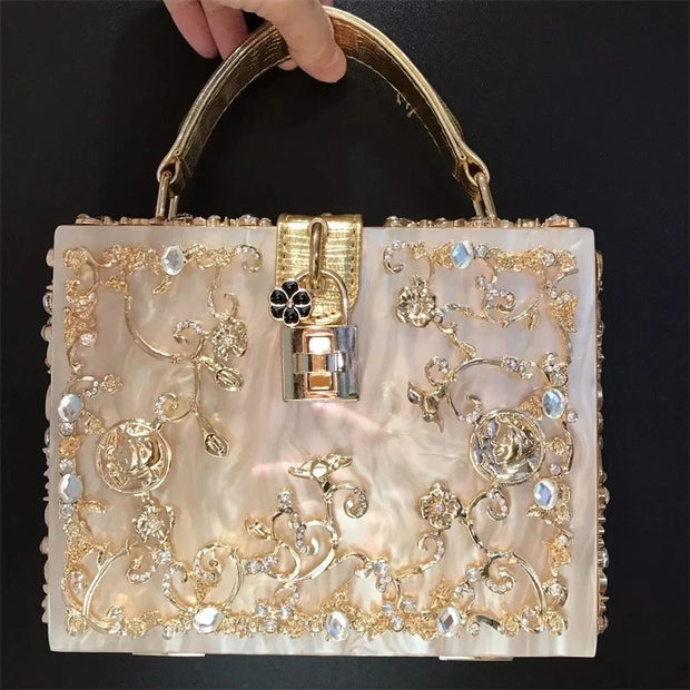 High-Grade crystal Evening Bag Female New Hollow Out Metal Carved Flower Diamond Handbag Box Fashion Chic Shoulder Crossbody Bag - Shop All Digital 