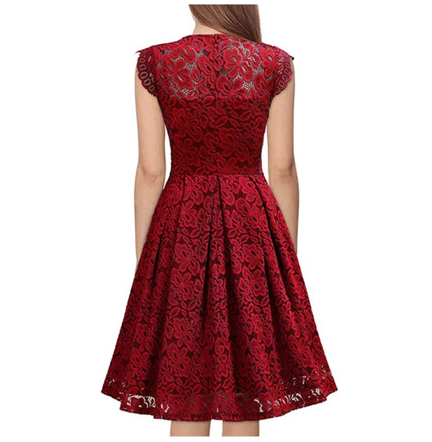 Zipper Retro Lace Sleeveless V-neck Dresses