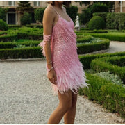 Sexy Tassel Sequins Feather Mini Dress Women Spaghetti Strap Stitching Dresses Female Elegant Evening Party Club Dress