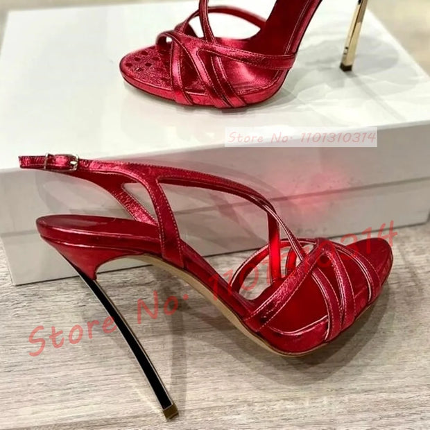 Red Metallic Metal Heels Sandals Women Slingback Cross Strap Luxury Shoes Female Summer Sexy Plus Size Banquet High Heels Shoes - Shop All Digital 