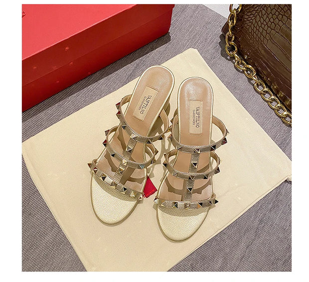 women's sandals summer 2024 luxury Designer woman sandals Heeled sandals Brand Rivets Leather High Heels Gladiator Ladies Shoes - Shop All Digital 