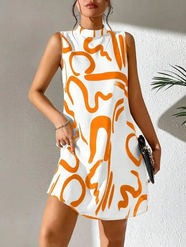 New women's ladies trend printing round neck sleeveless dress