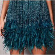 Sexy Tassel Sequins Feather Mini Dress Women Spaghetti Strap Stitching Dresses Female Elegant Evening Party Club Dress