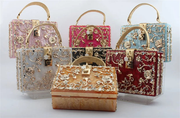 High-Grade crystal Evening Bag Female New Hollow Out Metal Carved Flower Diamond Handbag Box Fashion Chic Shoulder Crossbody Bag - Shop All Digital 