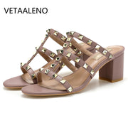 【Measure your feet length before order】Rivets Strappy Luxury Designer Women Elegant Slide Sandals Block High Heel Shoe 75-CHC-33 - Shop All Digital 