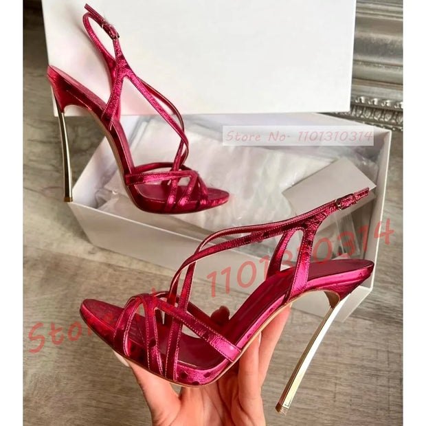 Red Metallic Metal Heels Sandals Women Slingback Cross Strap Luxury Shoes Female Summer Sexy Plus Size Banquet High Heels Shoes - Shop All Digital 