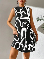 New women's ladies trend printing round neck sleeveless dress