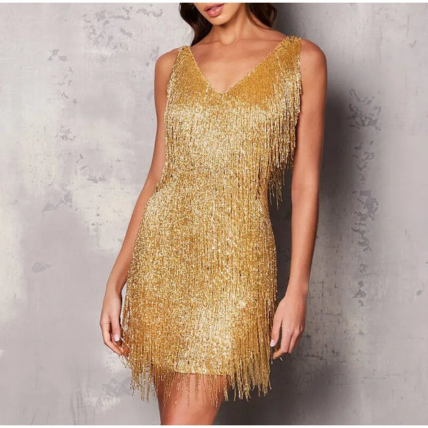 Sexy Tassel Sequins Feather Mini Dress Women Spaghetti Strap Stitching Dresses Female Elegant Evening Party Club Dress