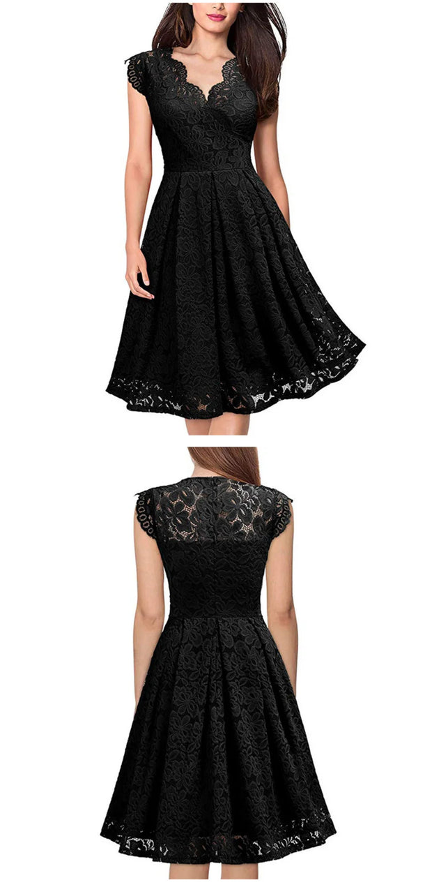 Zipper Retro Lace Sleeveless V-neck Dresses