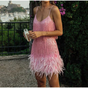 Sexy Tassel Sequins Feather Mini Dress Women Spaghetti Strap Stitching Dresses Female Elegant Evening Party Club Dress