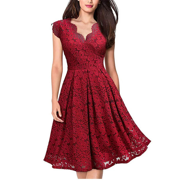 Zipper Retro Lace Sleeveless V-neck Dresses