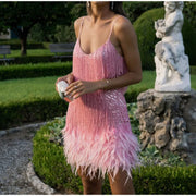 Sexy Tassel Sequins Feather Mini Dress Women Spaghetti Strap Stitching Dresses Female Elegant Evening Party Club Dress