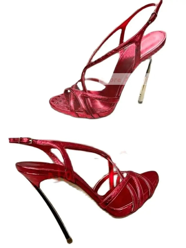 Red Metallic Metal Heels Sandals Women Slingback Cross Strap Luxury Shoes Female Summer Sexy Plus Size Banquet High Heels Shoes - Shop All Digital 