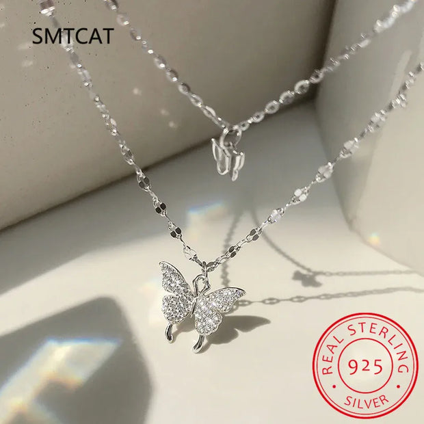 Flash Diamond Butterfly Double 925 Sterling Silver Necklace