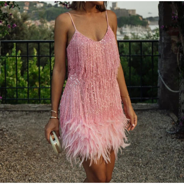 Sexy Tassel Sequins Feather Mini Dress Women Spaghetti Strap Stitching Dresses Female Elegant Evening Party Club Dress