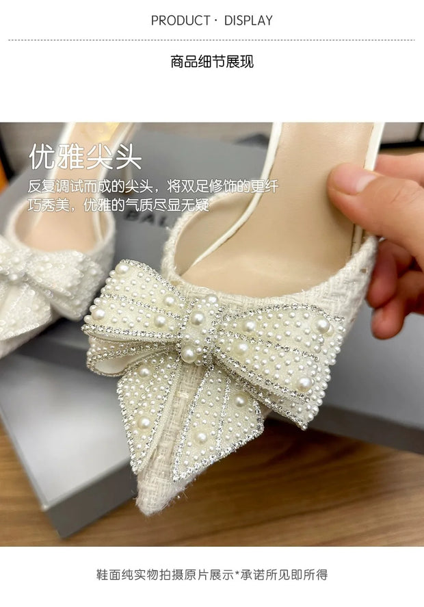 2024 New Autumn Brand Designer High Heels Luxury Pearl Crystal Bowtie White Wedding Shoes Women Pumps Thin Heeled Party Shoes - Shop All Digital 