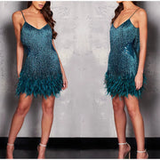 Sexy Tassel Sequins Feather Mini Dress Women Spaghetti Strap Stitching Dresses Female Elegant Evening Party Club Dress