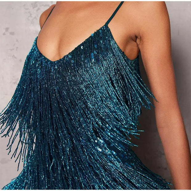 Sexy Tassel Sequins Feather Mini Dress Women Spaghetti Strap Stitching Dresses Female Elegant Evening Party Club Dress