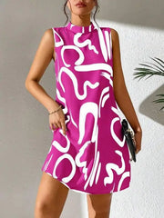 New women's ladies trend printing round neck sleeveless dress