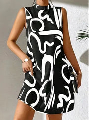 New women's ladies trend printing round neck sleeveless dress