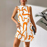 New women's ladies trend printing round neck sleeveless dress