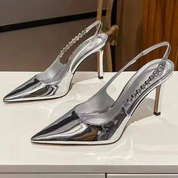 Women Crystal High Heels Slingback Pointy Toe Silver Pumps Fashion Luxury Brands Thin Heel Sandals Metallic Party Casual Shoes - Shop All Digital 