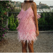 Sexy Tassel Sequins Feather Mini Dress Women Spaghetti Strap Stitching Dresses Female Elegant Evening Party Club Dress