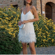 Sexy Tassel Sequins Feather Mini Dress Women Spaghetti Strap Stitching Dresses Female Elegant Evening Party Club Dress