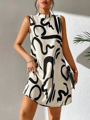 New women's ladies trend printing round neck sleeveless dress