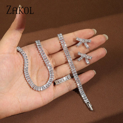 ZAKOL Fashion Full Paved Square Cubic Zircon Jewelry Set