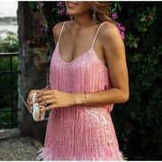 Sexy Tassel Sequins Feather Mini Dress Women Spaghetti Strap Stitching Dresses Female Elegant Evening Party Club Dress