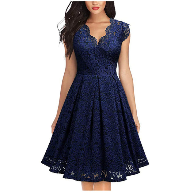 Zipper Retro Lace Sleeveless V-neck Dresses