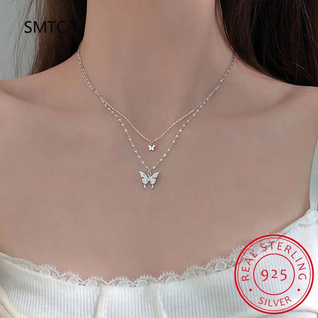 Flash Diamond Butterfly Double 925 Sterling Silver Necklace