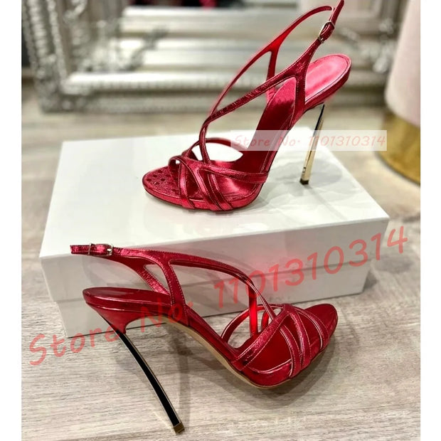 Red Metallic Metal Heels Sandals Women Slingback Cross Strap Luxury Shoes Female Summer Sexy Plus Size Banquet High Heels Shoes - Shop All Digital 