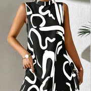 New women's ladies trend printing round neck sleeveless dress